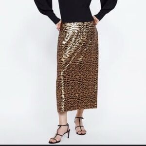 Zara  Gold Leopard Print Sequin Skirt